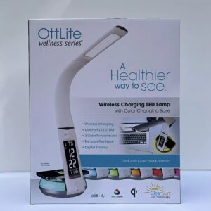 OttLite LED Desk Lamp with Clock and Wireless Charging Station - White