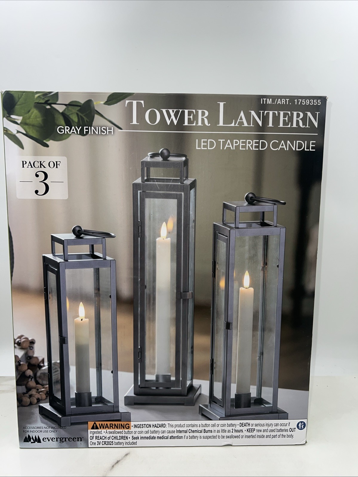 Evergreen LED Tapered Candle Gray Finish Tower Lantern (Pack of 3)