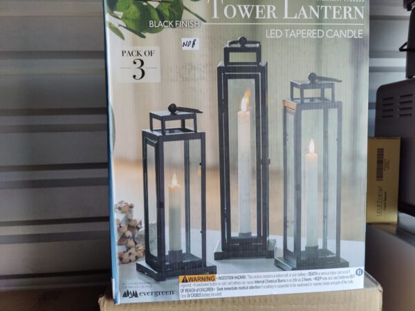 Evergreen LED Tapered Candle Black Finish Tower Lantern (Pack of 3)